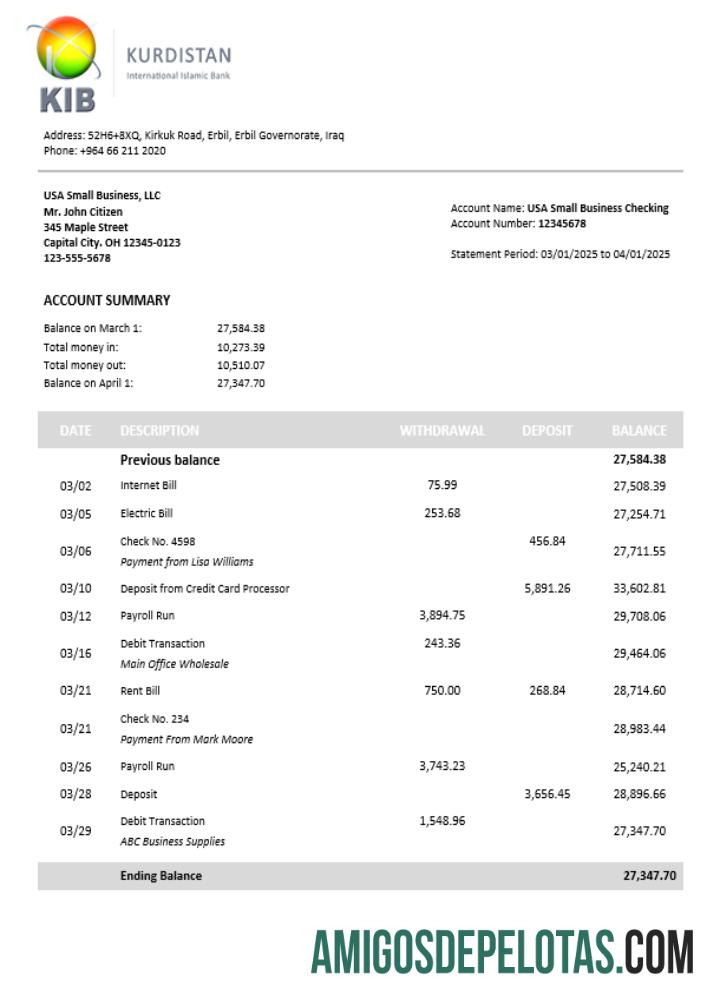 Extrato bancário comercial do Curdistão em formato Word e PDF exemplo real